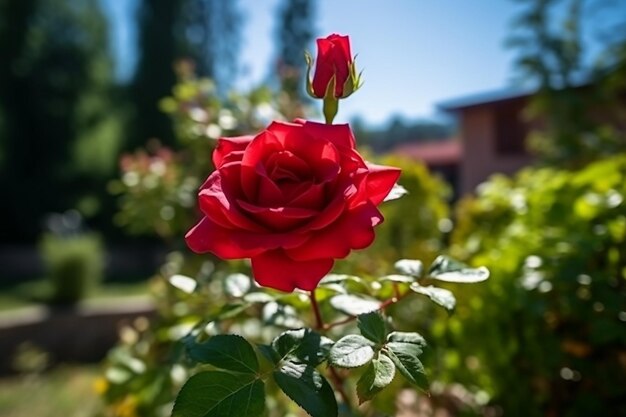 Una rosa roja en el jardín con una casa al fondo.