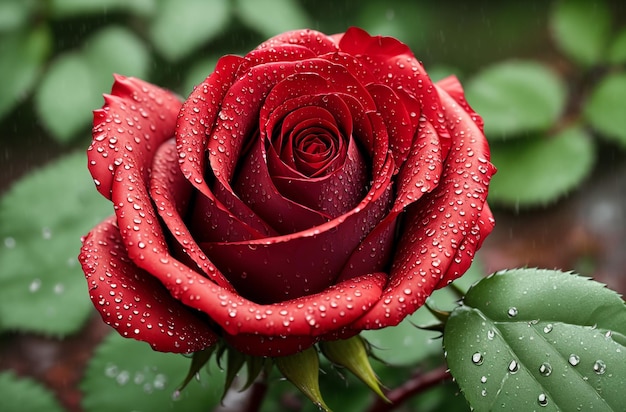 Rosa roja bajo la lluvia IA generativa