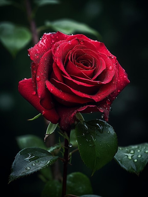 Rosa roja bajo la lluvia