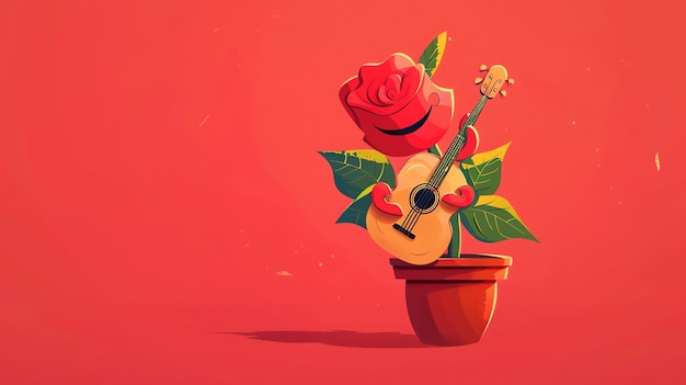 Una rosa roja en una maceta está tocando la guitarra la rosa tiene una cara sonriente la guitarra es amarilla el fondo es rojo