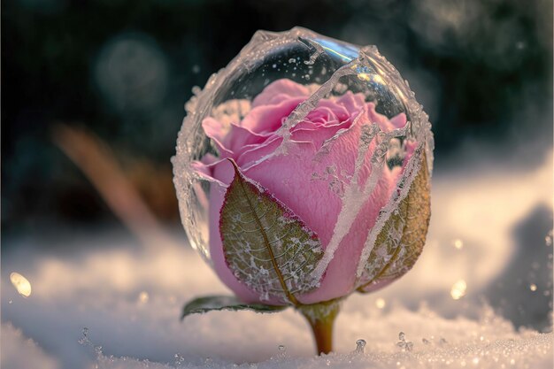 Rosa roja mágica congelada en el fondo romántico de la nieve