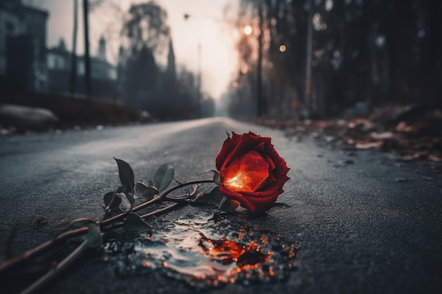 Una rosa roja en medio de un camino con una luz encendida