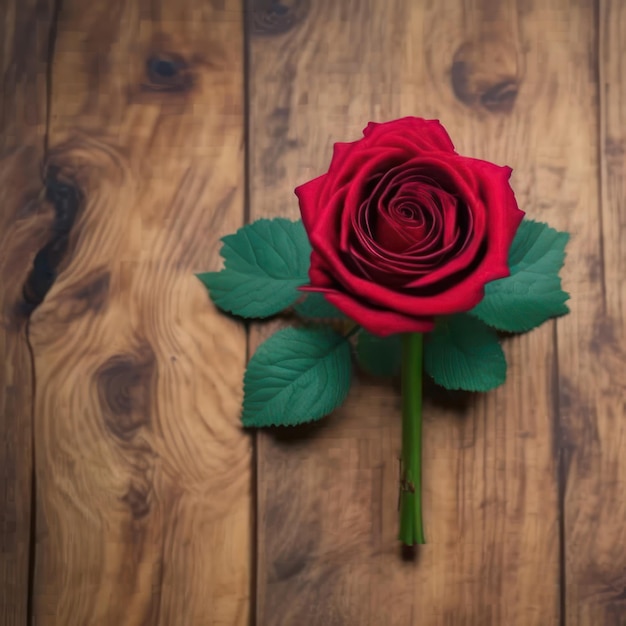 Rosa roja en una mesa de madera