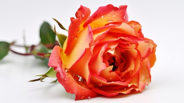 Una rosa roja y naranja con gotas de agua