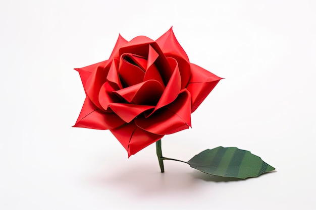 Rosa roja de origami aislada sobre fondo blanco.