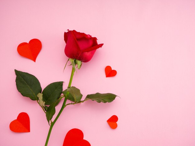 Foto rosa roja con papel corazon rojo