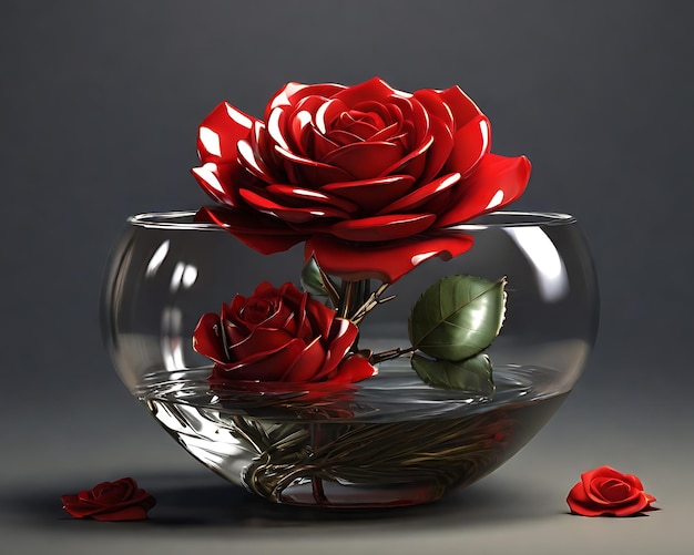 Foto rosa roja en un recipiente de cristal estilo 3d