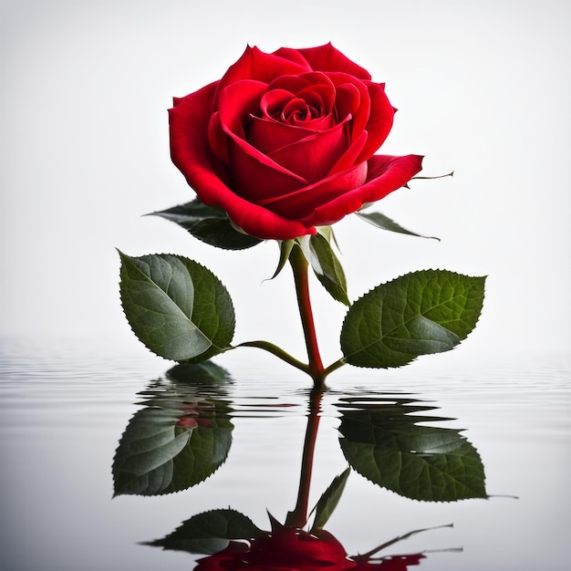 La rosa roja se refleja en un fondo blanco