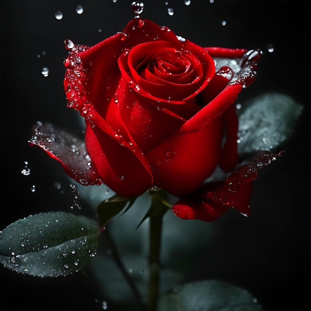 Una rosa roja con salpicaduras de agua y gotas aisladas Ai generativo