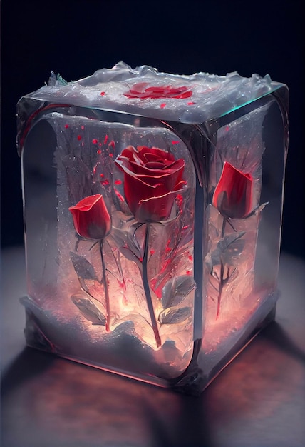 Rosa roja sentada dentro de un cubo de hielo generativo ai