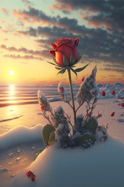 Rosa roja sentada encima de una playa cubierta de nieve generativa ai