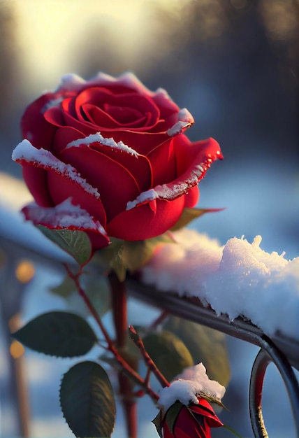 Rosa roja sentada encima de una valla cubierta de nieve generativa ai