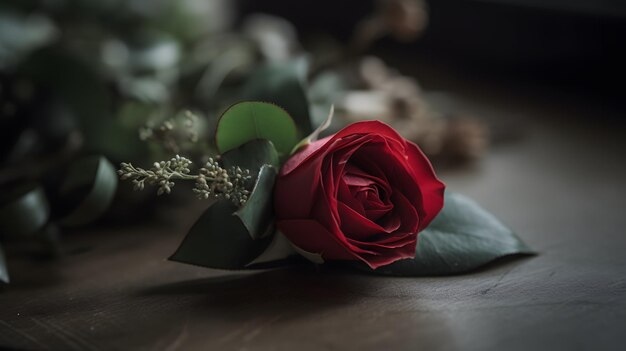 Una rosa roja se sienta en una mesa con una hoja verde y una flor blanca.