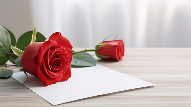 Rosa roja y sobre en mesa de madera concepto de día de san valentín