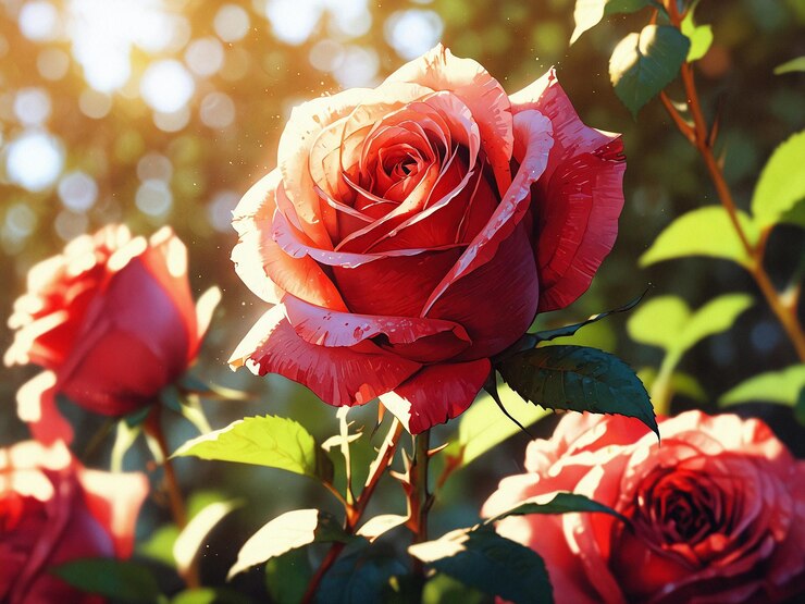 una rosa roja con el sol brillando a través de las hojas