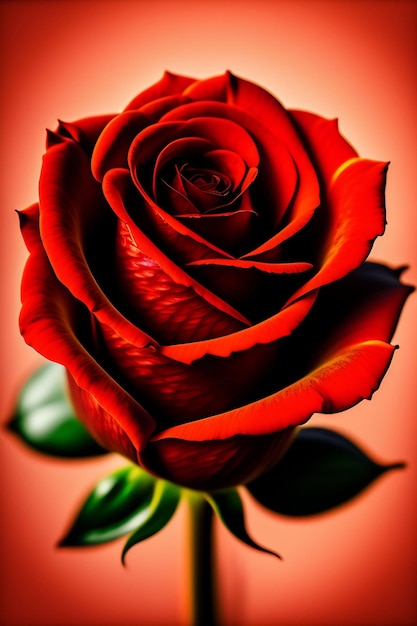 Una rosa roja con tallo y hojas verdes.