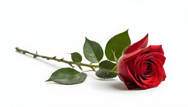 una rosa roja con el tallo verde y la rosa roja aislada en el fondo blanco