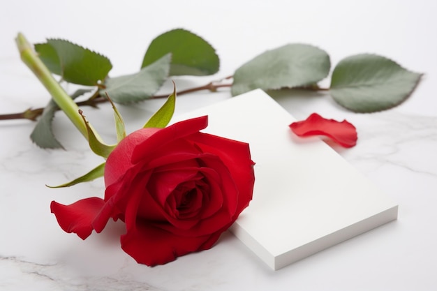Rosa roja con tarjeta blanca