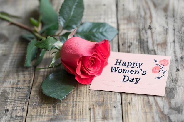 Rosa roja y tarjeta de felicitación del Día de las Mujeres en fondo de madera Día de las mujeres