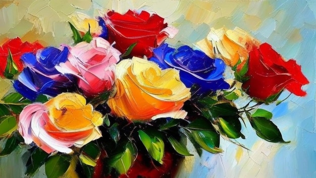 Rosa rojo amarillo púrpura azul y naranja rosas pintura al óleo hermosa delicada femenina de color primavera