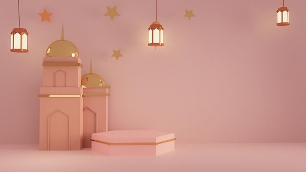 Foto rosa rosa 3d decoración islámica pantalla podio saludos mensaje copia espacio mezquita linterna colgante