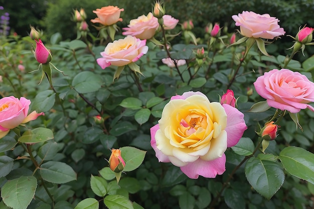 Una rosa rosa y amarilla está en un jardín con otras flores