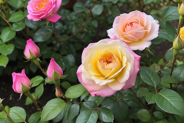 Una rosa rosa y amarilla está en un jardín con otras flores