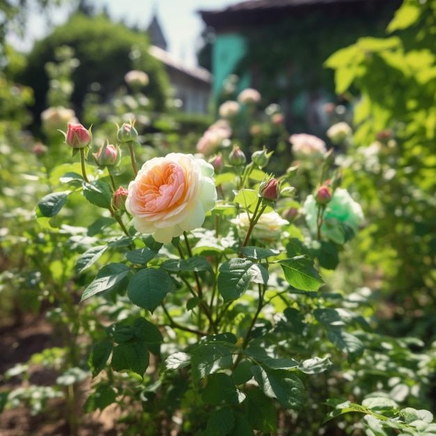 Una rosa rosa y blanca está en un jardín con otras flores.