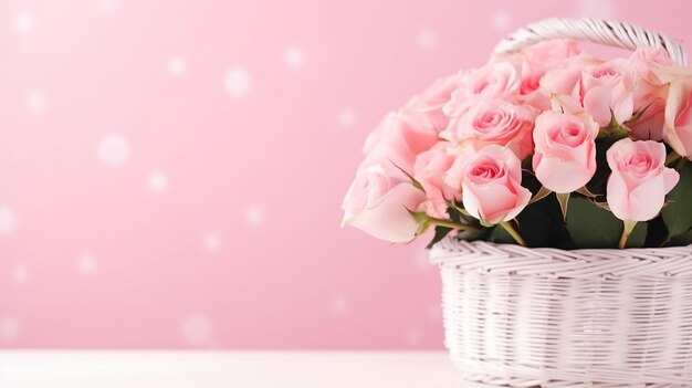 Rosa rosa en cesta de mimbre blanca sobre fondo rosa Cumpleaños Boda Día de la Madre San Valentín
