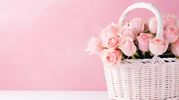 Rosa rosa en cesta de mimbre blanca sobre fondo rosa Cumpleaños Boda Día de la Madre San Valentín