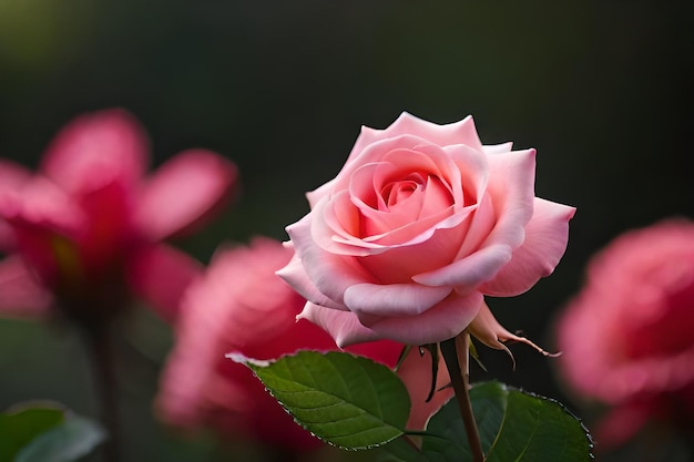 Una rosa rosa está en el fondo de un montón de otras rosas.