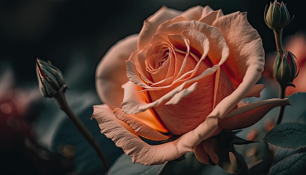 Una rosa rosa está en la oscuridad con la palabra amor.
