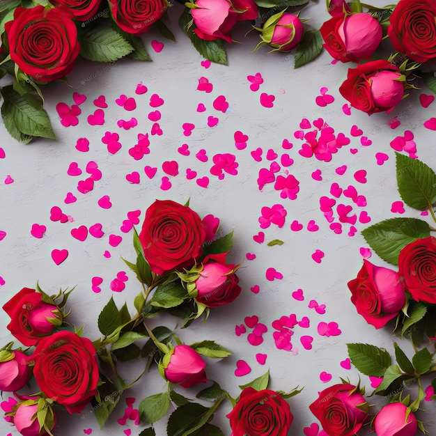 Una rosa rosa está rodeada de corazones y la palabra amor está en la parte inferior derecha.