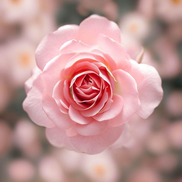 Una rosa rosa está rodeada de muchas otras flores.
