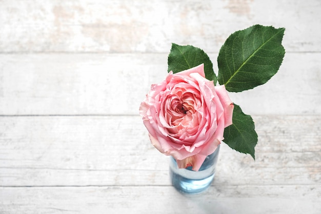 Rosa rosa flor en un jarrón sobre una mesa de madera blanca