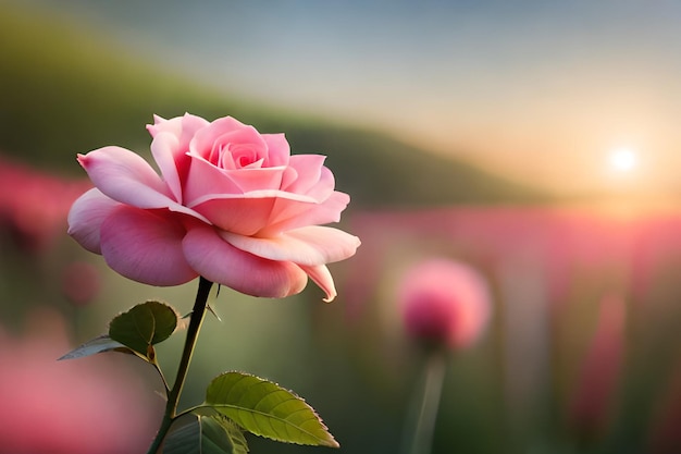 Una rosa rosa en el fondo de un campo de rosas.