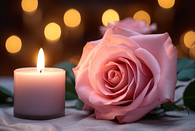 una rosa rosa frente a las velas a la luz de las velas en el estilo de cautivador