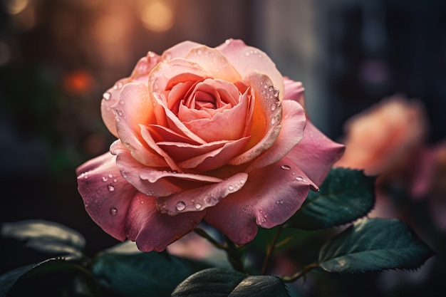 Una rosa rosa con gotas de agua sobre ella