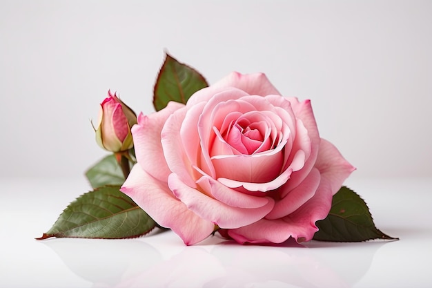 Rosa rosa con hojas verdes primer plano generativo ai