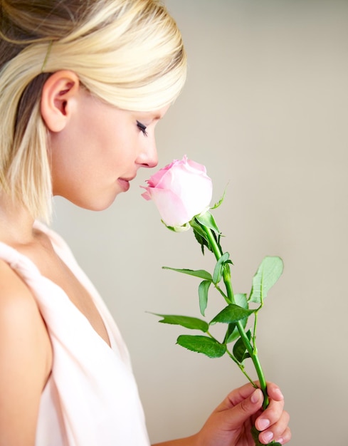 Rosa por una rosa Perfil de una mujer joven que huele una rosa rosa