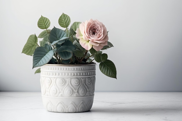 Rosa rosa en un recipiente contra una pared blanca como telón de fondo