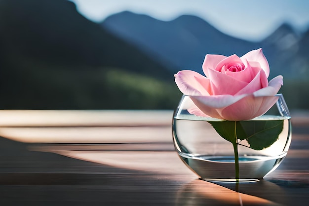 Una rosa rosa en un recipiente con montañas al fondo