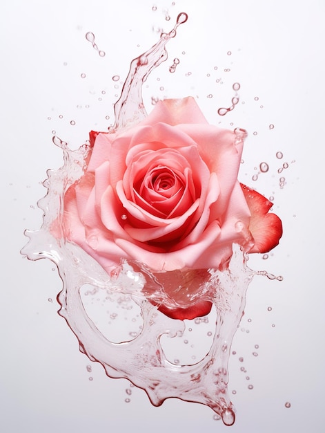 Foto rosa rosa con salpicaduras de agua y gotas en un fondo blanco closeup ai generativo