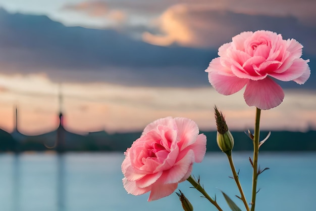 Foto una rosa rosa se sienta frente a un lago con el horizonte de la ciudad al fondo.