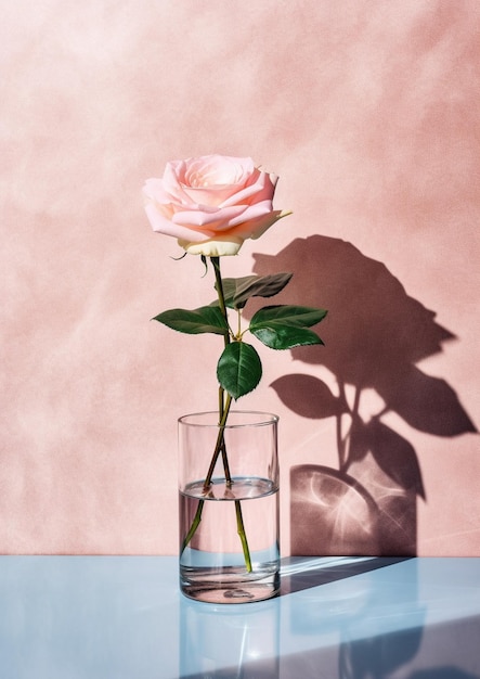 Una rosa rosa se sienta en un vaso de agua.