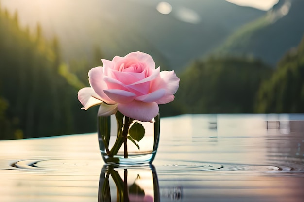 Una rosa rosa se sienta en un vaso en la terraza de la piscina.