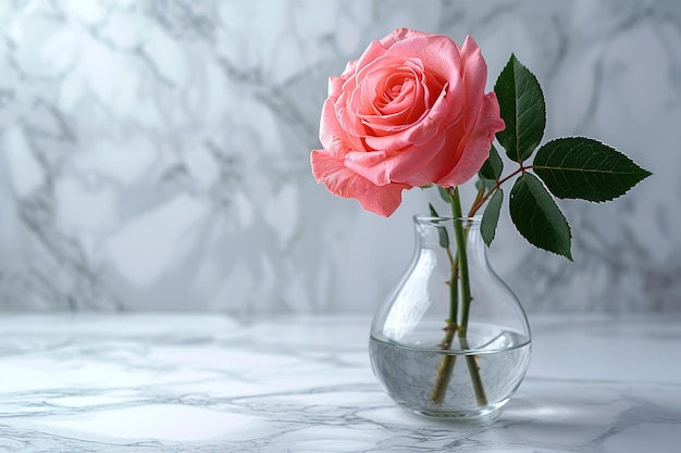 Rosa rosa única em um vaso de vidro com fundo de mármore