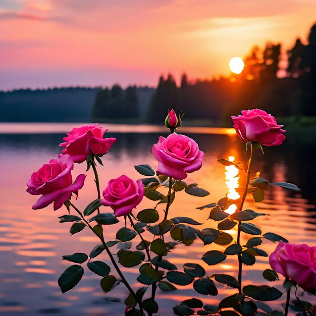 una rosa rosada está en frente de un lago con el sol poniéndose detrás de ella