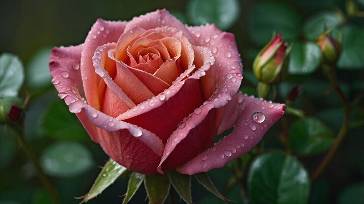 una rosa rosada con gotas de agua en ella y las gots de agua en los pétalos