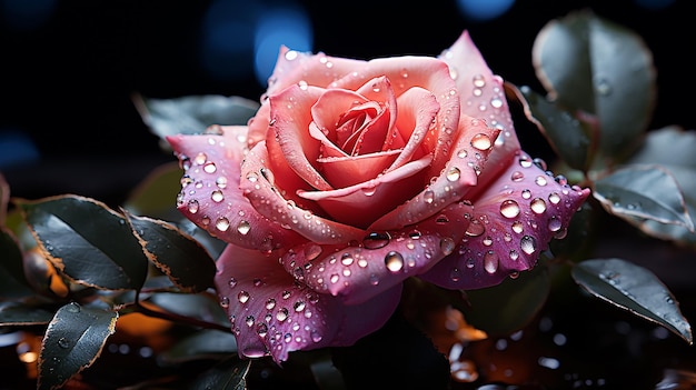 una rosa rosada con gotas de agua en ella.